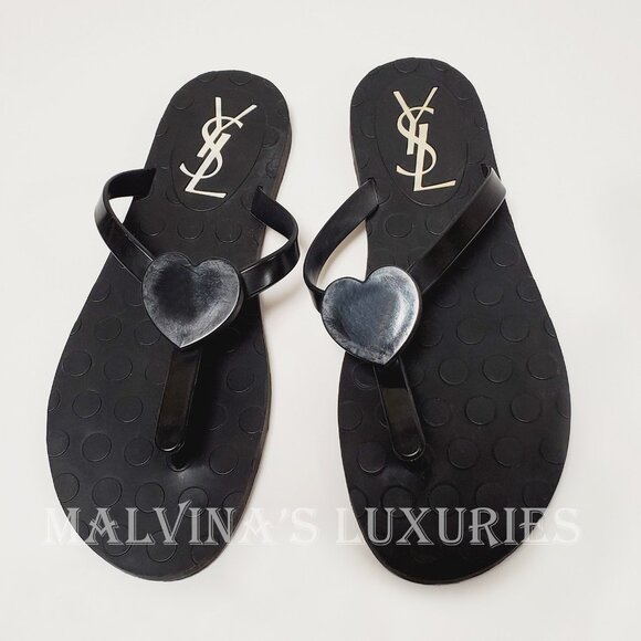 YVES SAINT LAURENT SHOES BLACK RUBBER FLIP FLOPS THONG w HEART sz 38 / US 8 - Picture 3 of 11